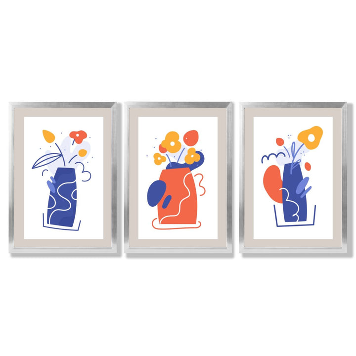 Boho Minimal Floral Blue Orange Set of 3 Framed Art Prints | Bowlift