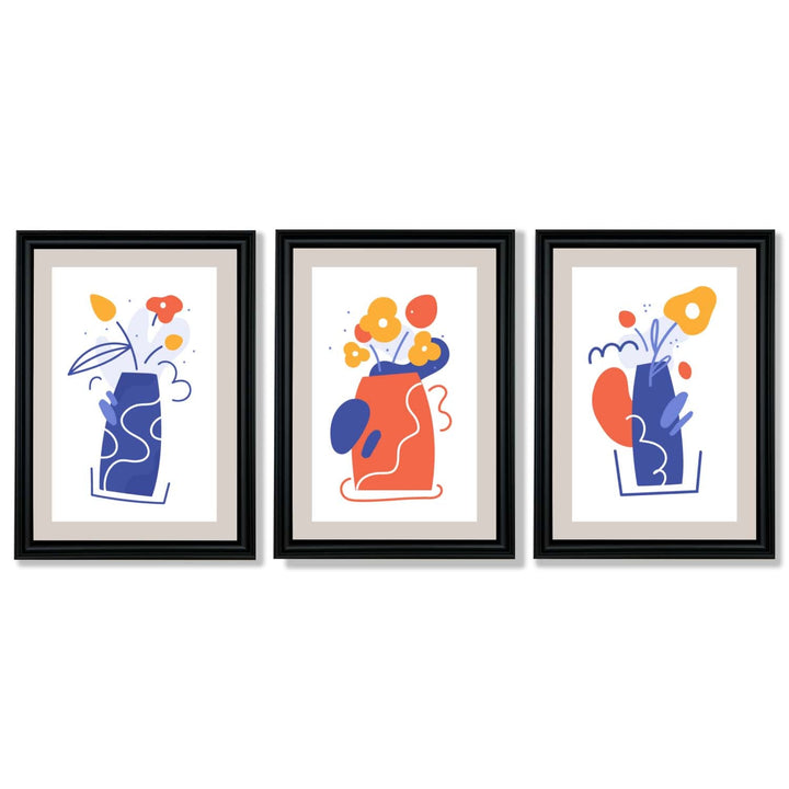 Boho Minimal Floral Blue Orange Set of 3 Framed Art Prints | Bowlift