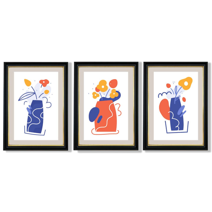 Boho Minimal Floral Blue Orange Set of 3 Framed Art Prints | Bowlift