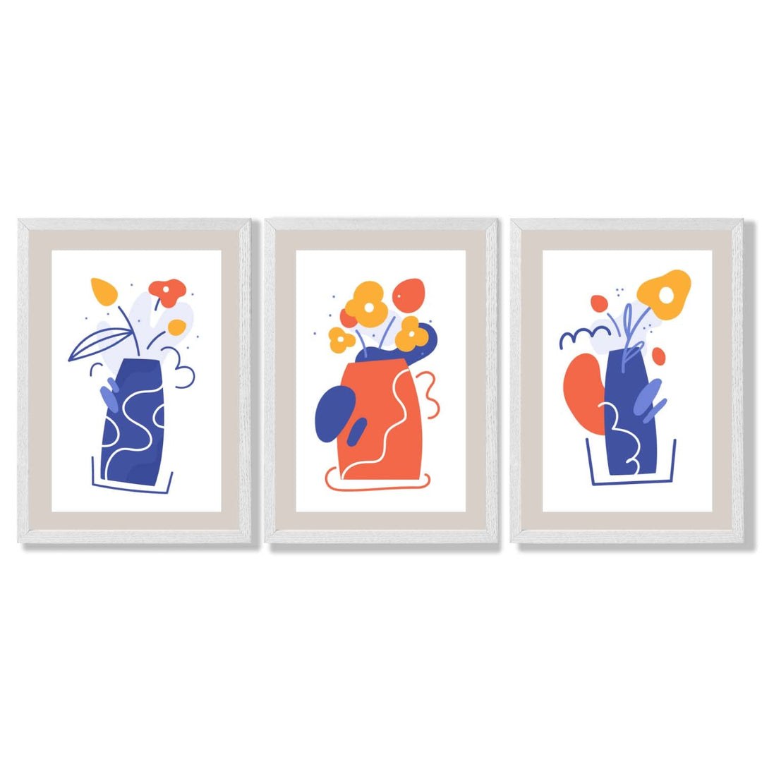 Boho Minimal Floral Blue Orange Set of 3 Framed Art Prints | Bowlift