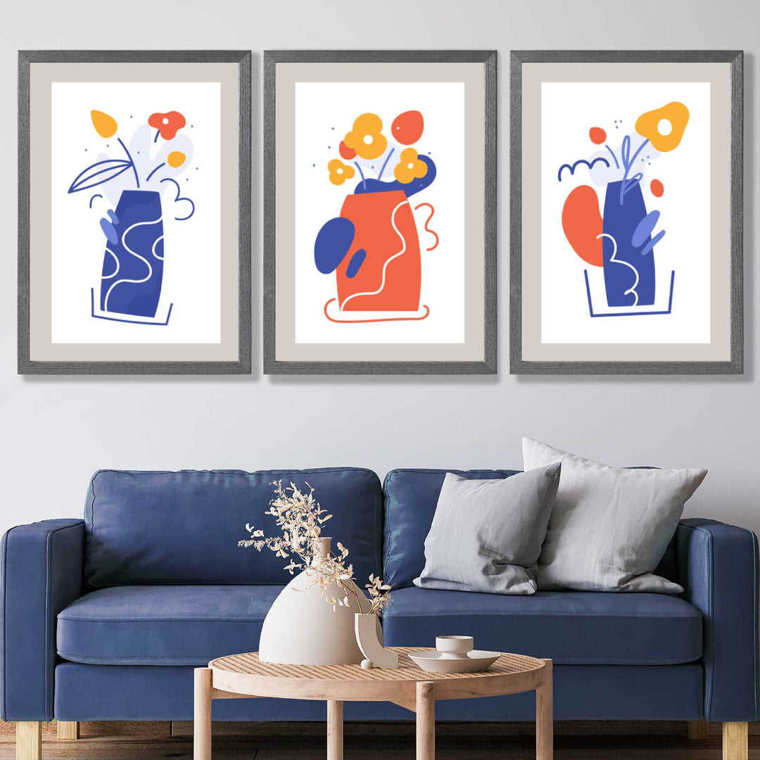 Boho Minimal Floral Blue Orange Set of 3 Art Prints | Bowlift