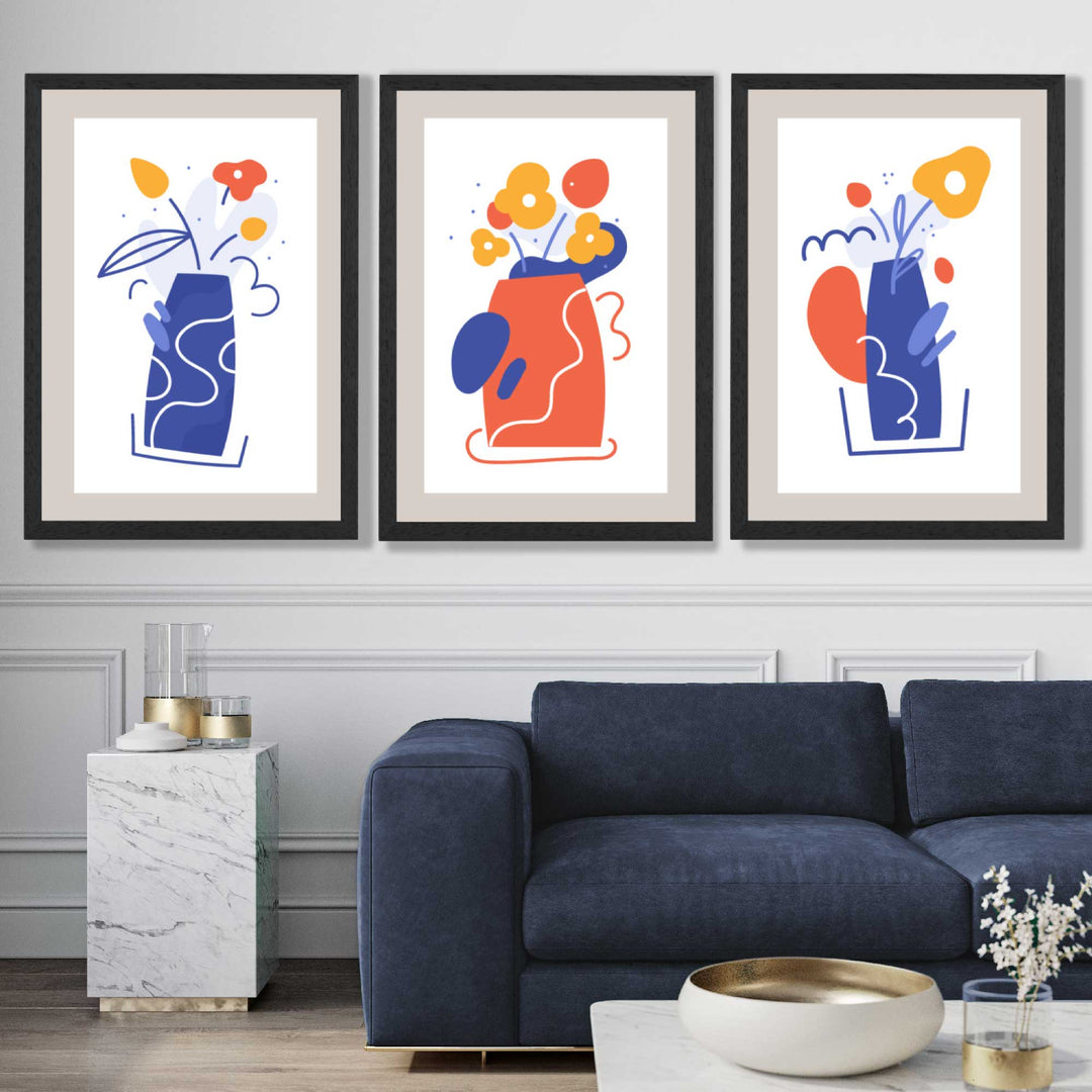 Boho Minimal Floral Blue Orange Set of 3 Art Prints | Bowlift