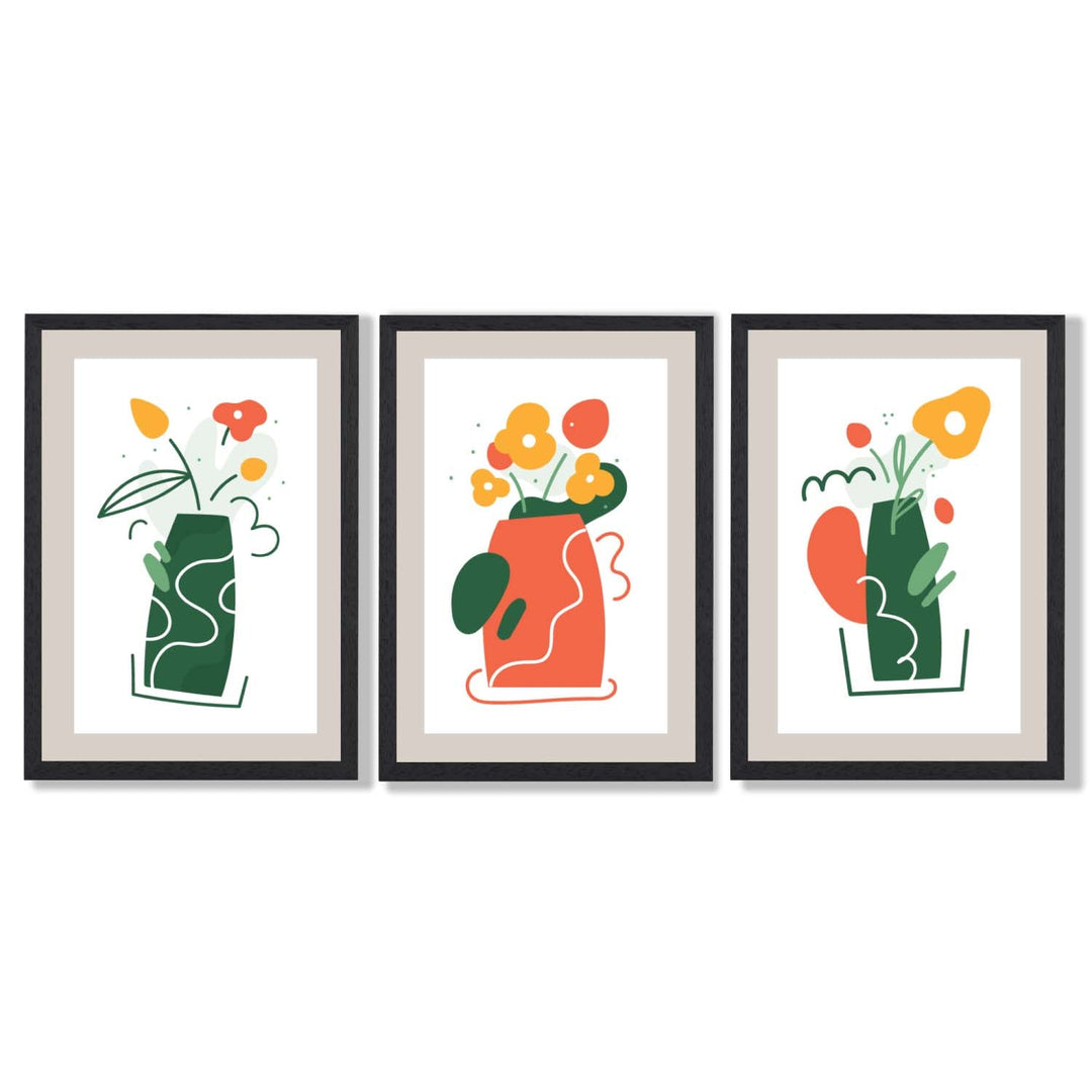 Boho Minimal Floral Green Orange Set of 3 Framed Art Prints | Bowlift