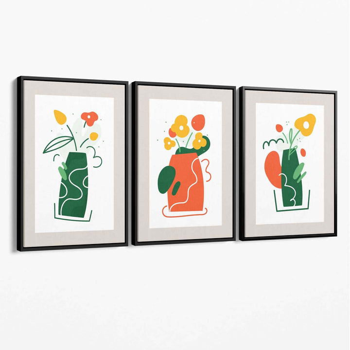 Boho Minimal Floral Green Orange Set of 3 Canvas Art Prints | Bowlift