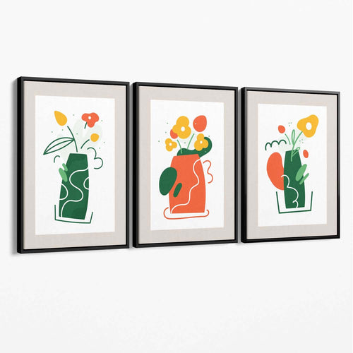 Boho Minimal Floral Green Orange Set of 3 Canvas Art Prints | Bowlift