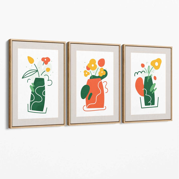 Boho Minimal Floral Green Orange Set of 3 Canvas Art Prints | Bowlift