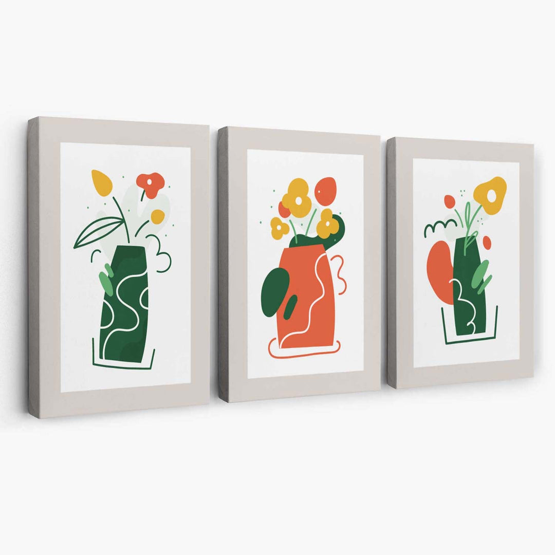 Boho Minimal Floral Green Orange Set of 3 Canvas Art Prints | Bowlift