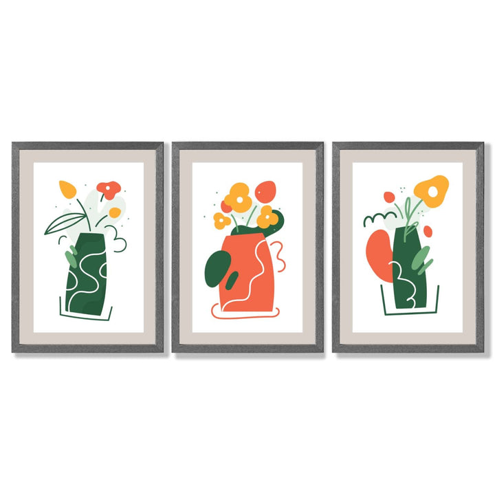 Boho Minimal Floral Green Orange Set of 3 Framed Art Prints | Bowlift
