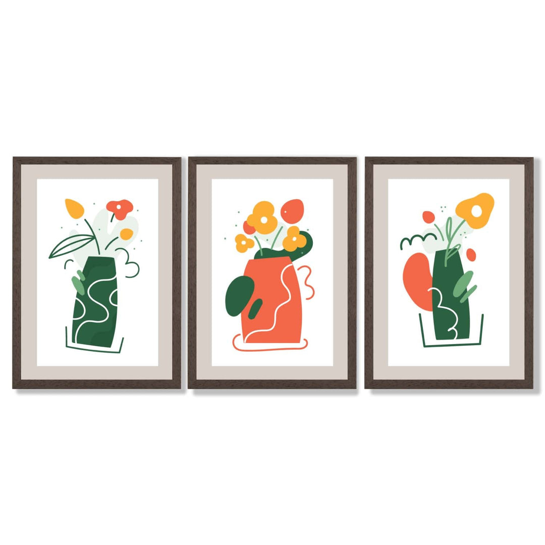 Boho Minimal Floral Green Orange Set of 3 Framed Art Prints | Bowlift