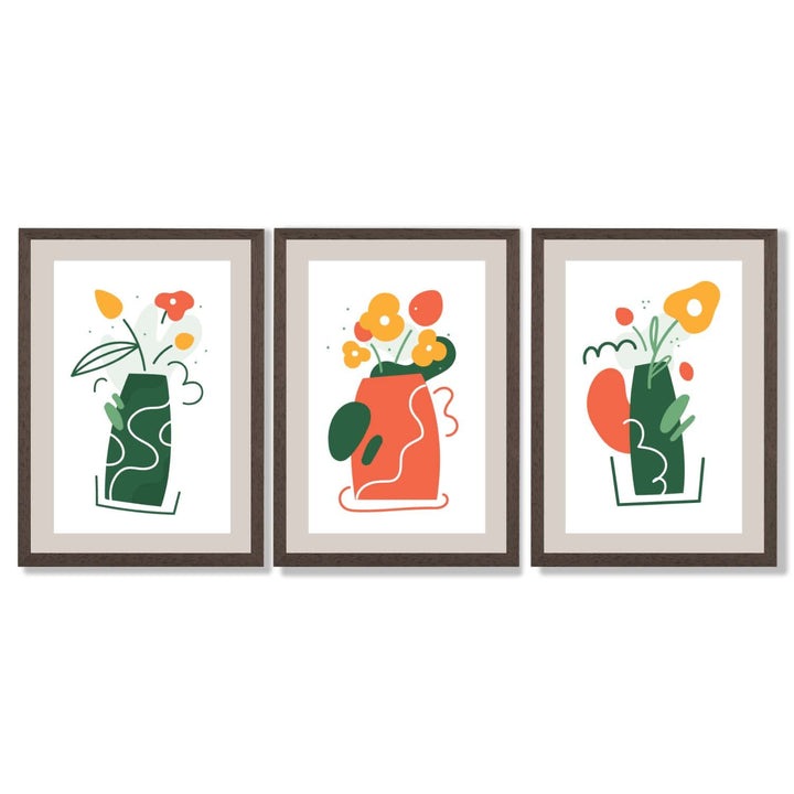 Boho Minimal Floral Green Orange Set of 3 Framed Art Prints | Bowlift