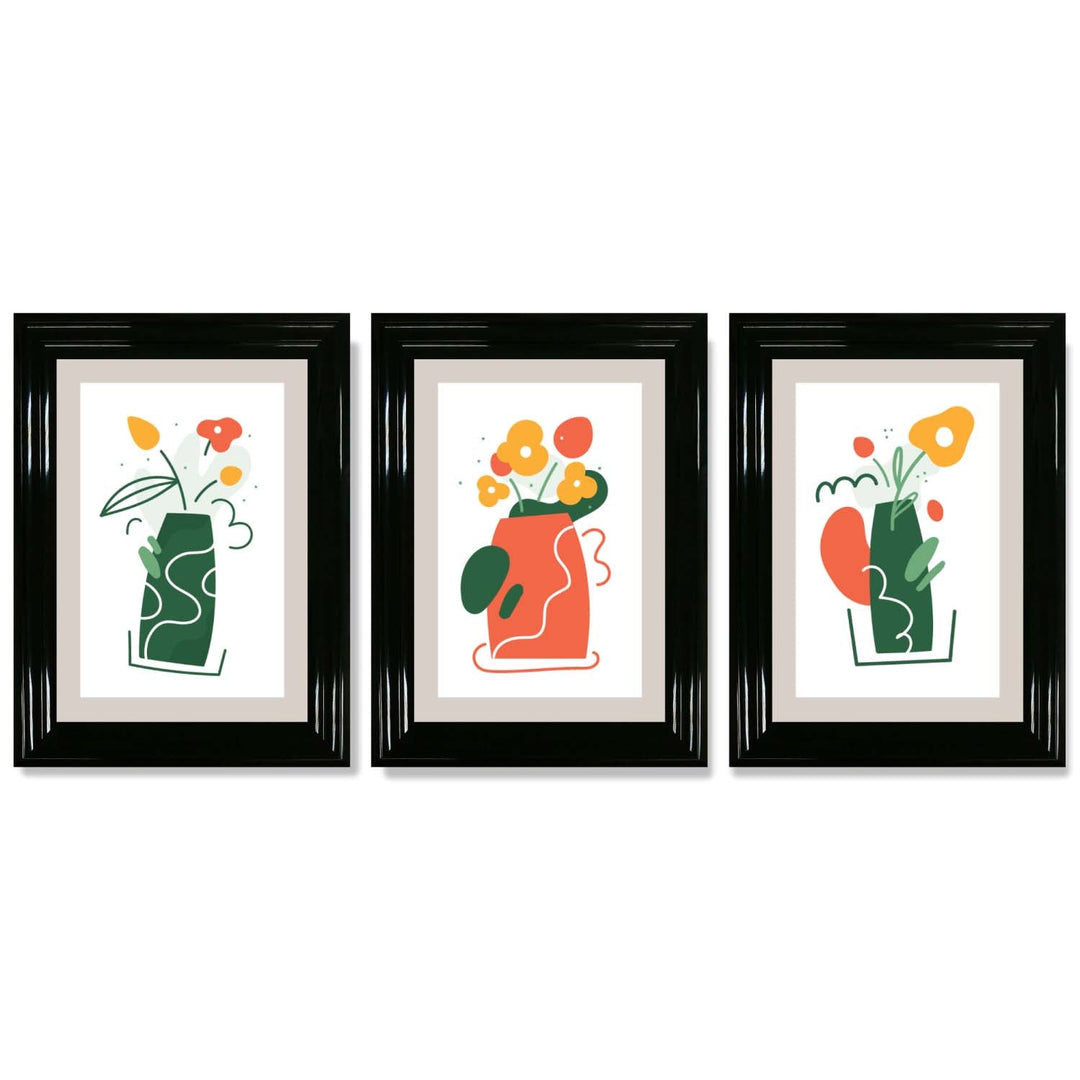 Boho Minimal Floral Green Orange Set of 3 Framed Art Prints | Bowlift