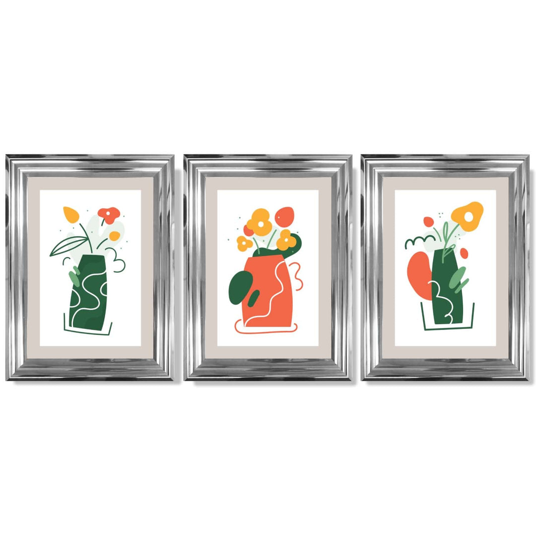 Boho Minimal Floral Green Orange Set of 3 Framed Art Prints | Bowlift