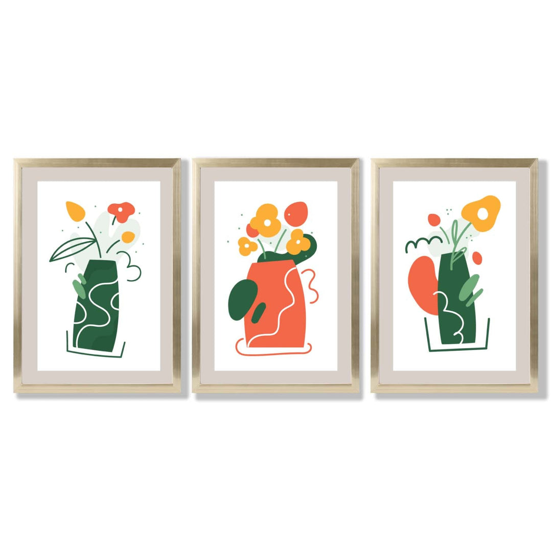 Boho Minimal Floral Green Orange Set of 3 Framed Art Prints | Bowlift