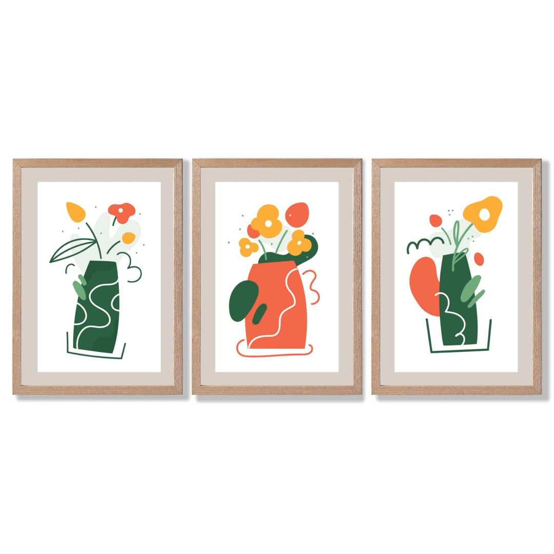 Boho Minimal Floral Green Orange Set of 3 Framed Art Prints | Bowlift