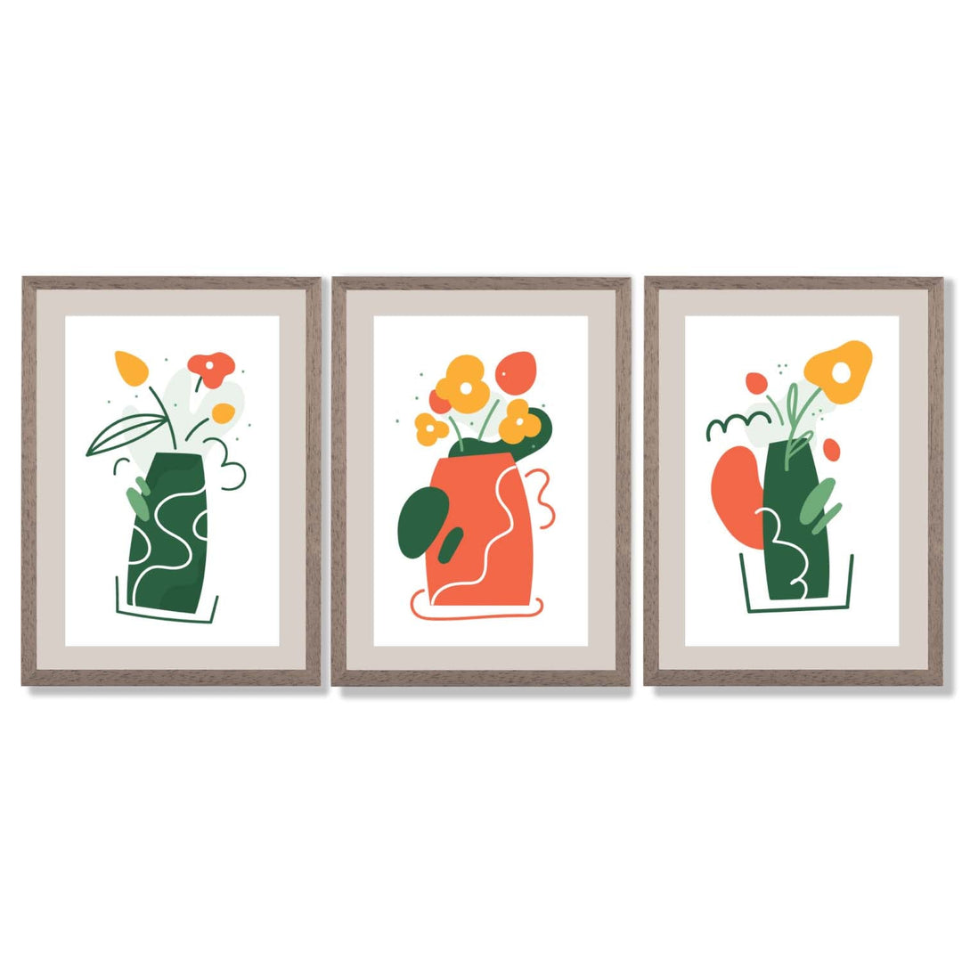 Boho Minimal Floral Green Orange Set of 3 Framed Art Prints | Bowlift