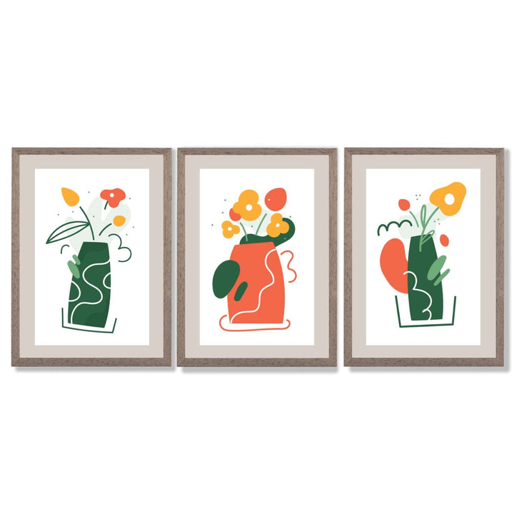 Boho Minimal Floral Green Orange Set of 3 Framed Art Prints | Bowlift