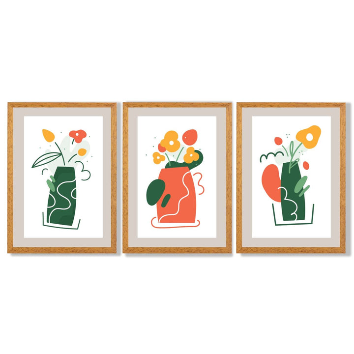 Boho Minimal Floral Green Orange Set of 3 Framed Art Prints | Bowlift