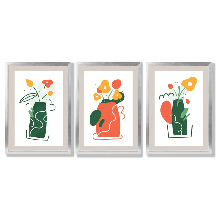 Boho Minimal Floral Green Orange Set of 3 Framed Art Prints | Bowlift