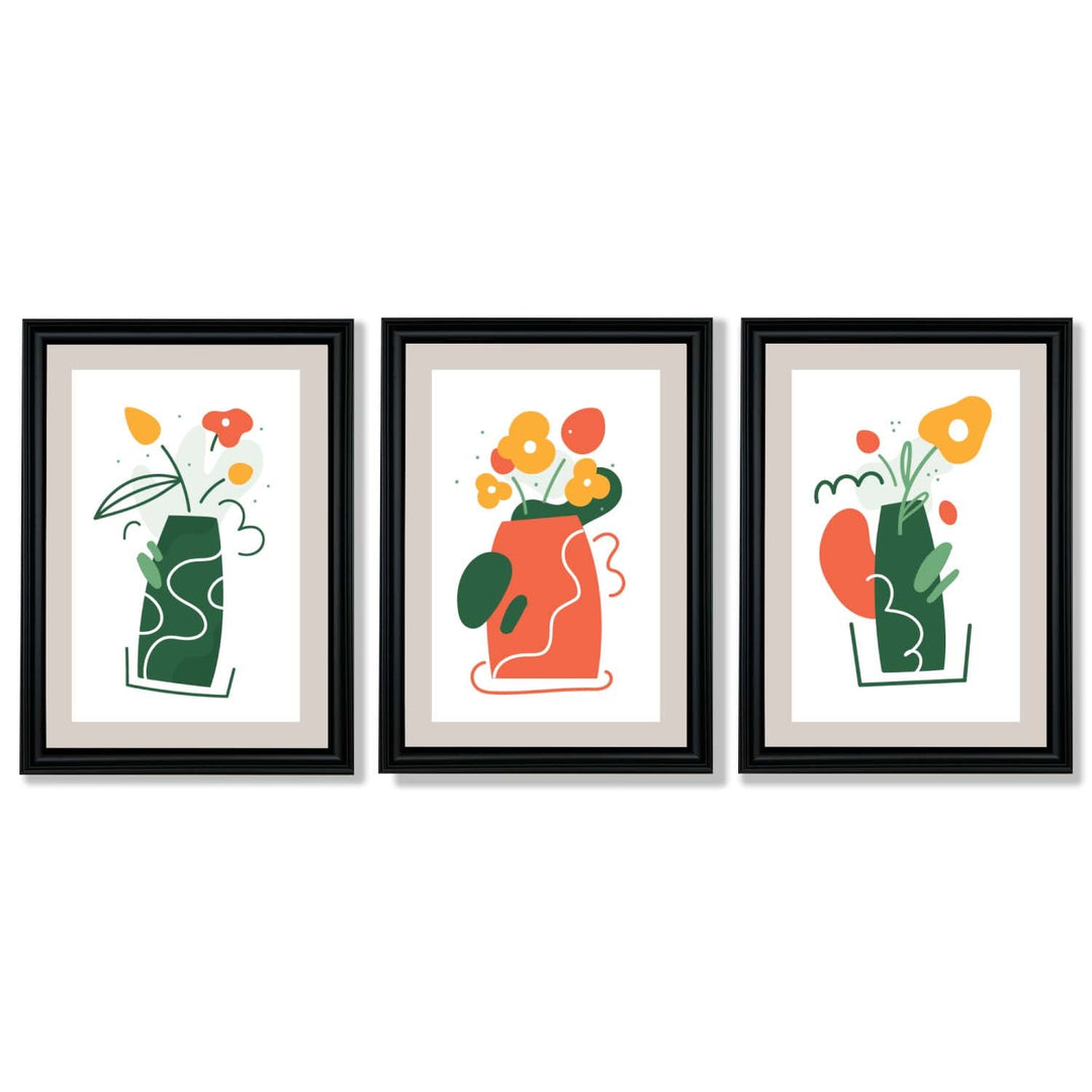 Boho Minimal Floral Green Orange Set of 3 Framed Art Prints | Bowlift