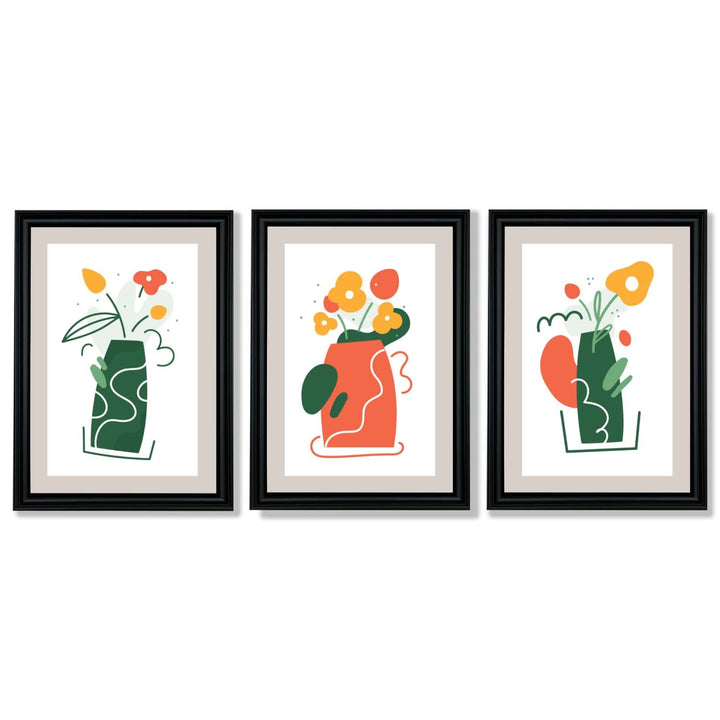 Boho Minimal Floral Green Orange Set of 3 Framed Art Prints | Bowlift