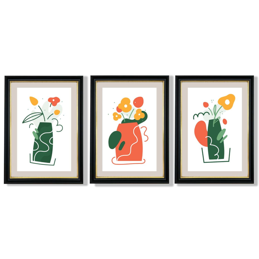 Boho Minimal Floral Green Orange Set of 3 Framed Art Prints | Bowlift