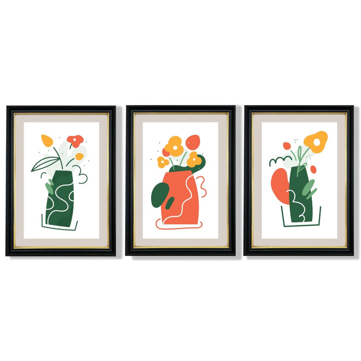 Boho Minimal Floral Green Orange Set of 3 Framed Art Prints | Bowlift