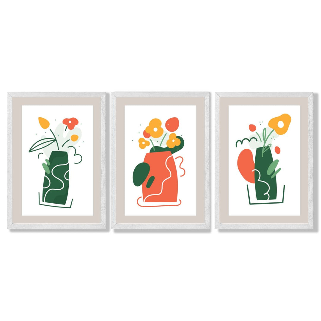 Boho Minimal Floral Green Orange Set of 3 Framed Art Prints | Bowlift