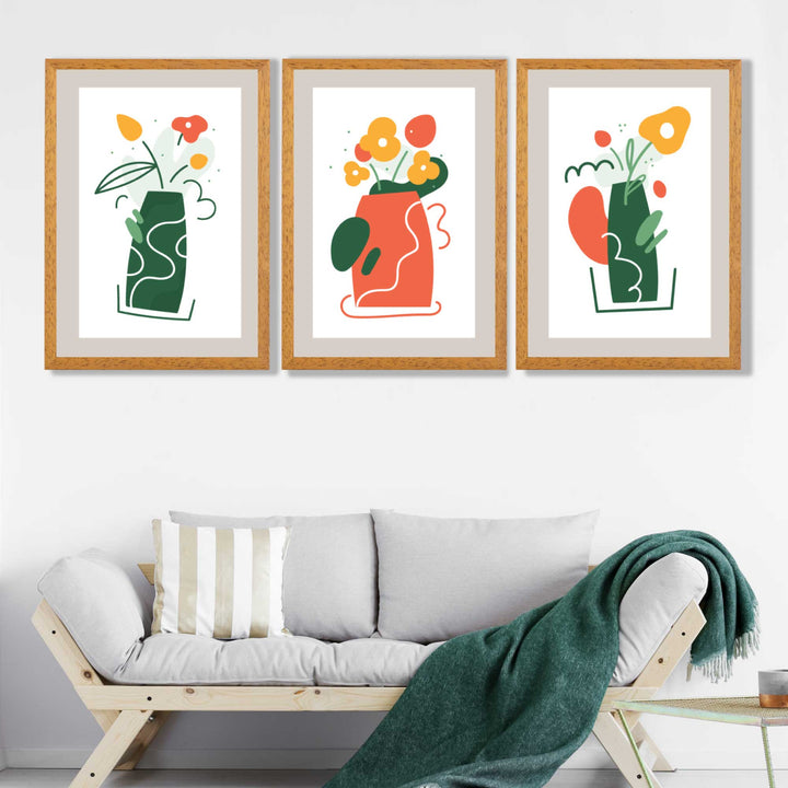 Boho Minimal Floral Green Orange Set of 3 Art Prints | Bowlift