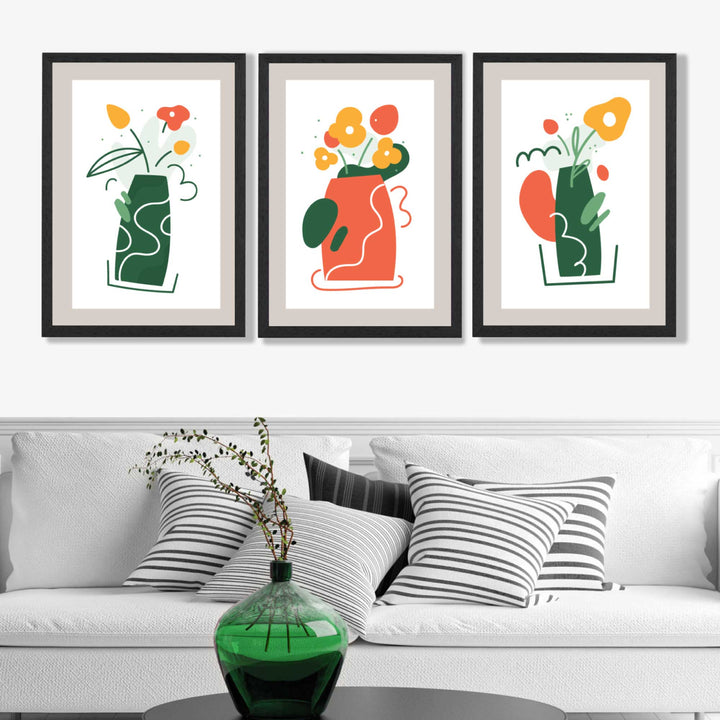 Boho Minimal Floral Green Orange Set of 3 Art Prints | Bowlift