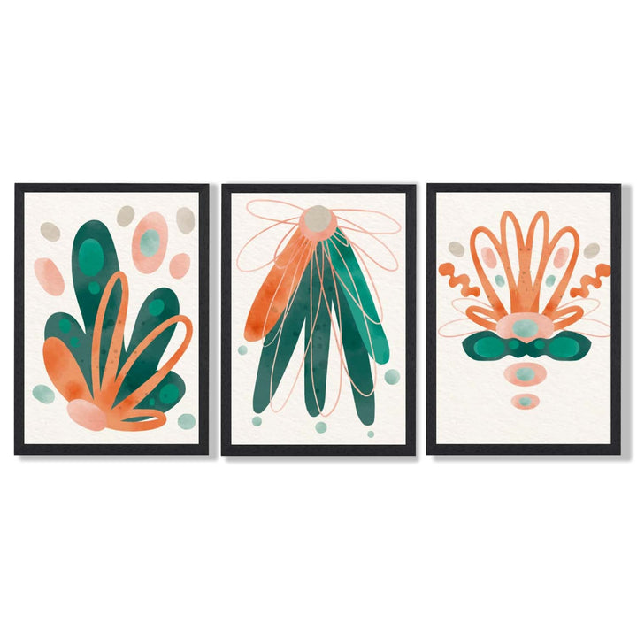 Abstract Green Orange Floral Set of 3 Framed Art Prints | Bowlift