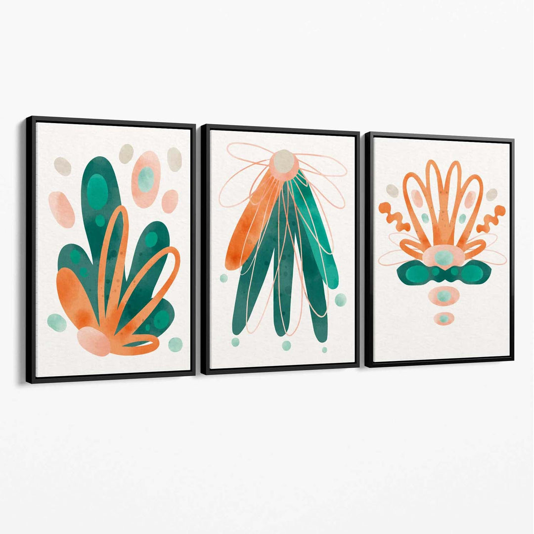 Abstract Green Orange Flowers Set of 3 Canvas Prints | Bowlift