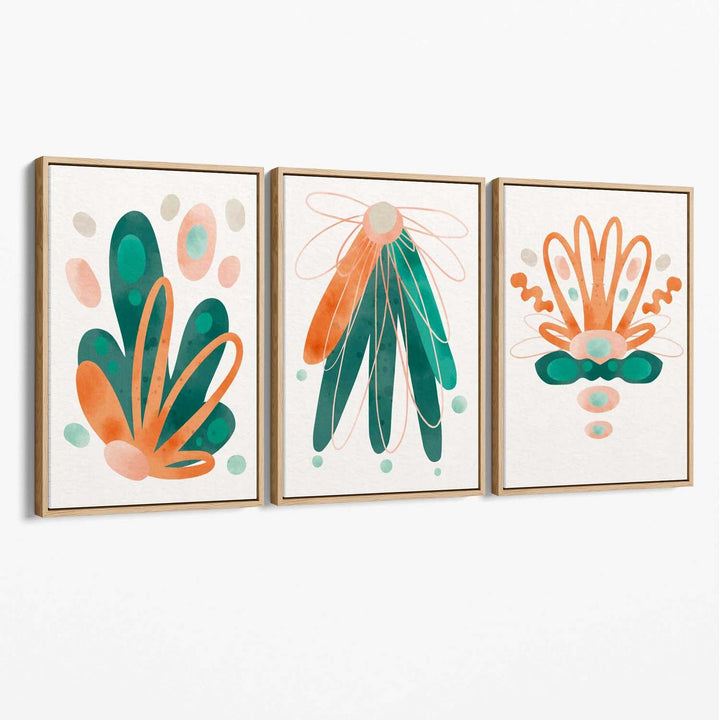 Abstract Green Orange Flowers Set of 3 Canvas Prints | Bowlift
