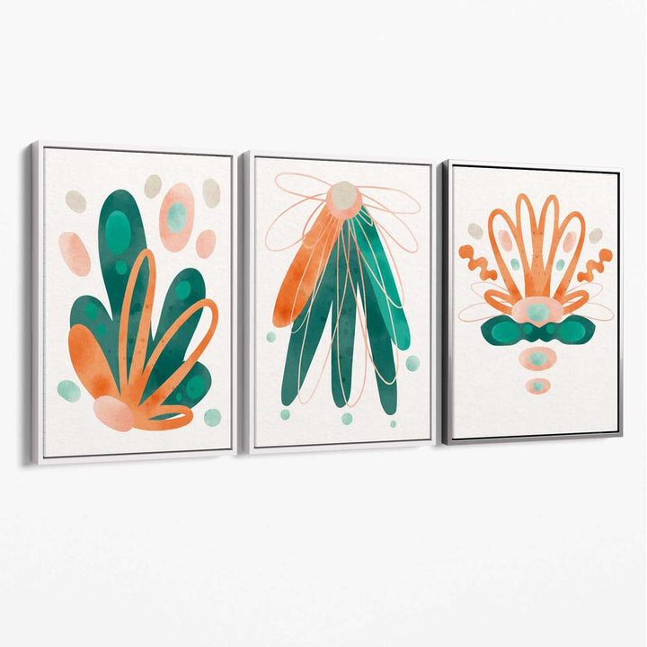 Abstract Green Orange Flowers Set of 3 Canvas Prints | Bowlift