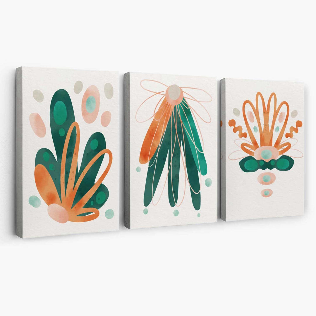 Abstract Green Orange Flowers Set of 3 Canvas Prints | Bowlift