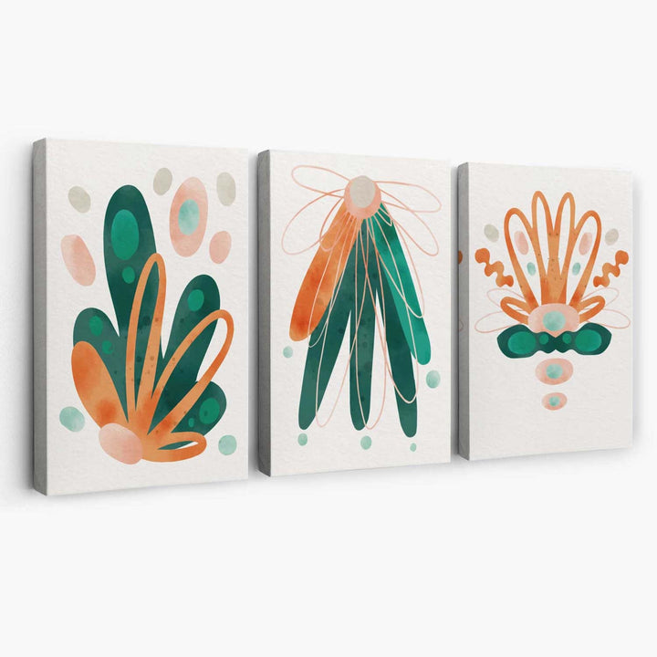 Abstract Green Orange Flowers Set of 3 Canvas Prints | Bowlift