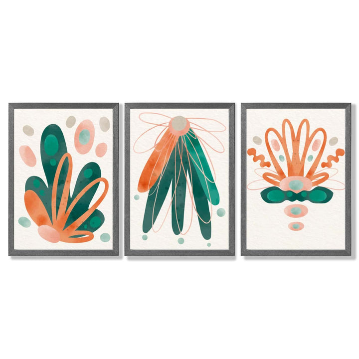 Abstract Green Orange Floral Set of 3 Framed Art Prints | Bowlift