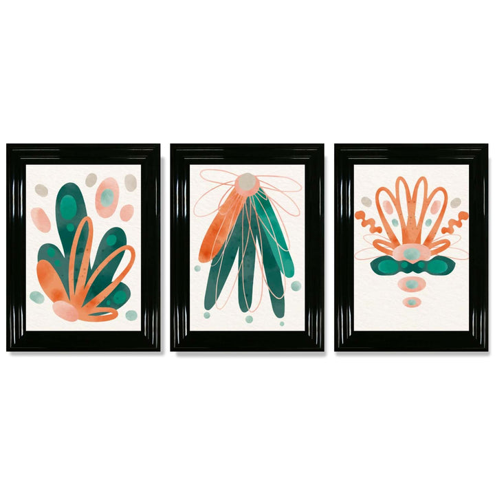 Abstract Green Orange Floral Set of 3 Framed Art Prints | Bowlift