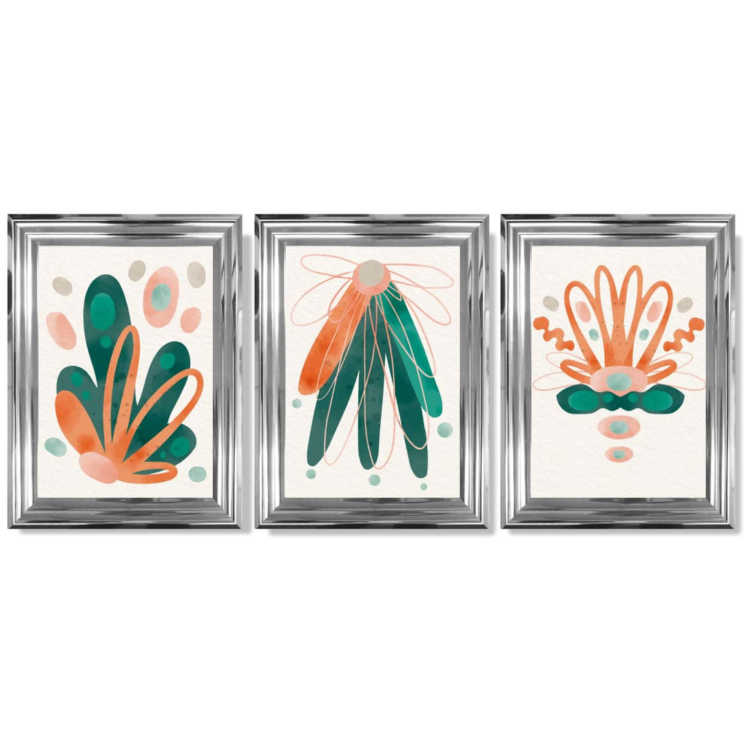 Abstract Green Orange Floral Set of 3 Framed Art Prints | Bowlift