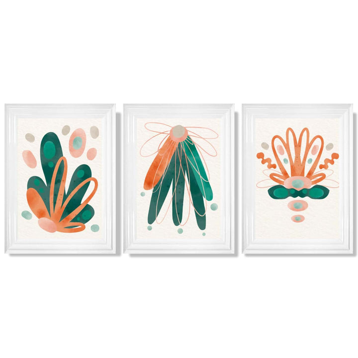 Abstract Green Orange Floral Set of 3 Framed Art Prints | Bowlift