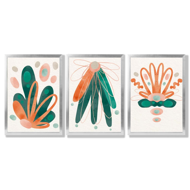 Abstract Green Orange Floral Set of 3 Framed Art Prints | Bowlift