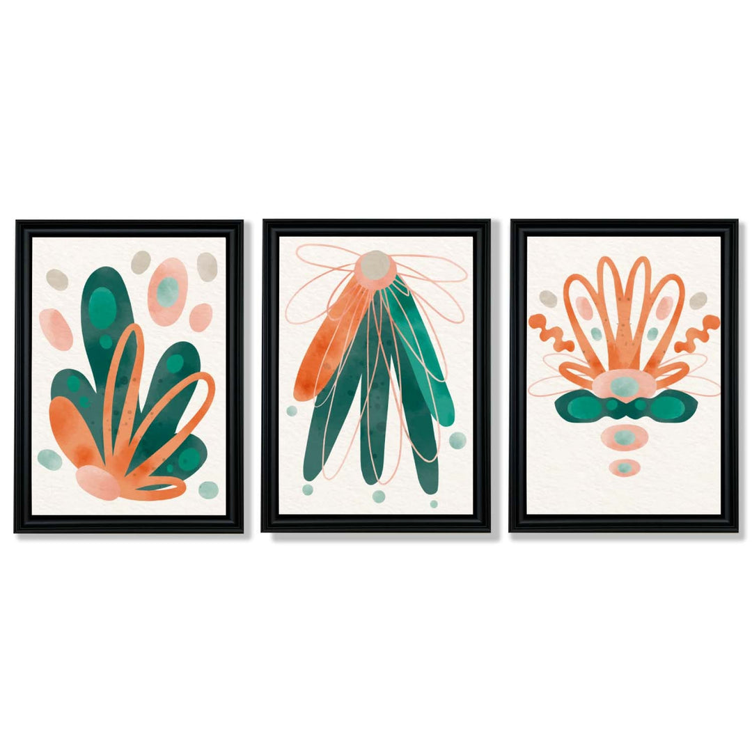 Abstract Green Orange Floral Set of 3 Framed Art Prints | Bowlift