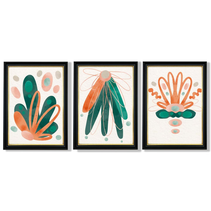 Abstract Green Orange Floral Set of 3 Framed Art Prints | Bowlift