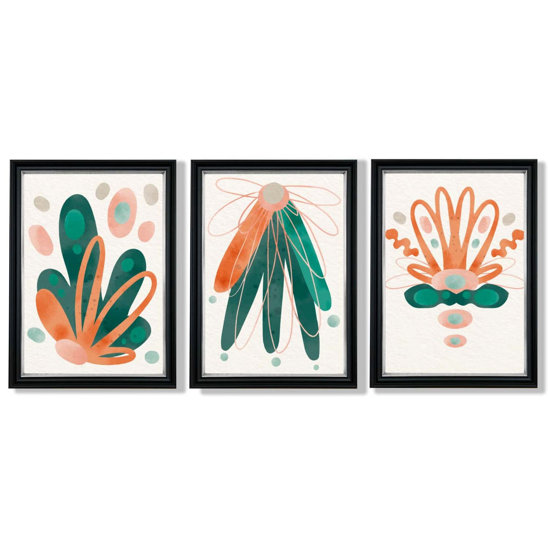 Abstract Green Orange Floral Set of 3 Framed Art Prints | Bowlift