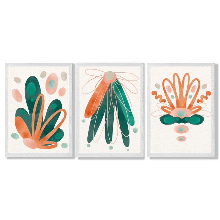 Abstract Green Orange Floral Set of 3 Framed Art Prints | Bowlift