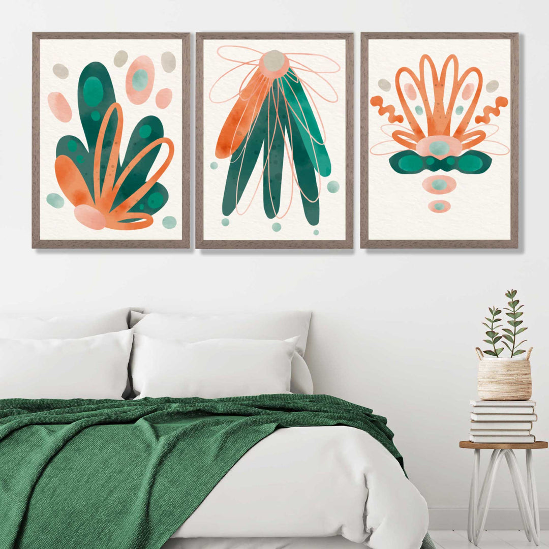 Abstract Green Orange Floral Set of 3 Art Prints | Bowlift