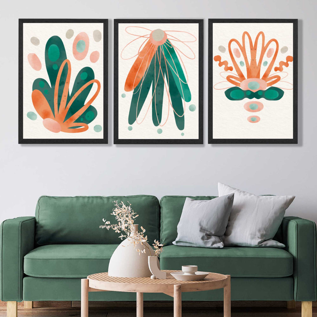 Abstract Green Orange Floral Set of 3 Art Prints | Bowlift