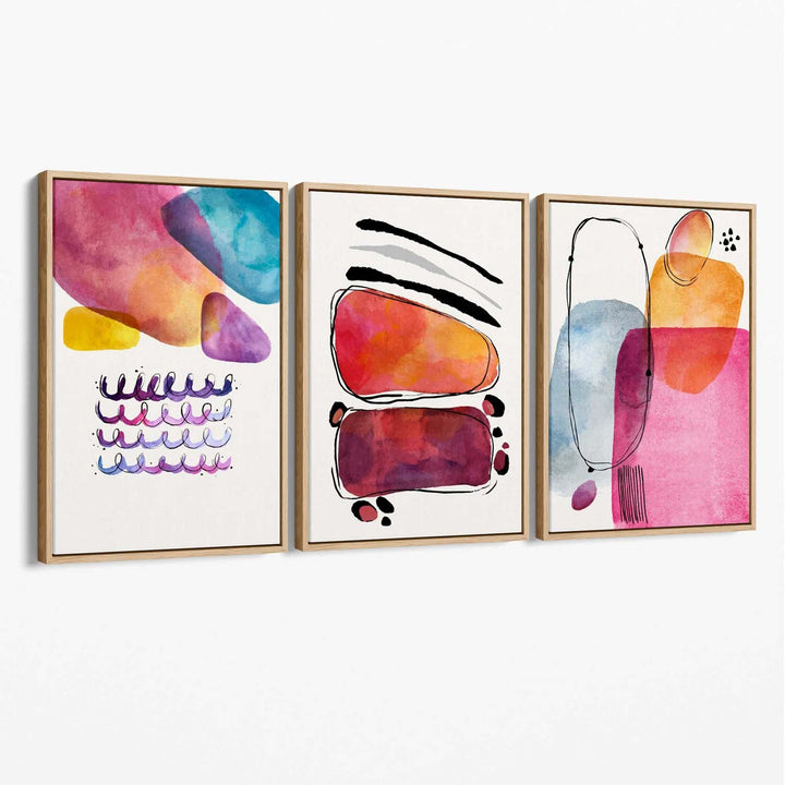 Abstract Shapes Pink Purple Set of 3 Canvas Art Prints | Bowlift