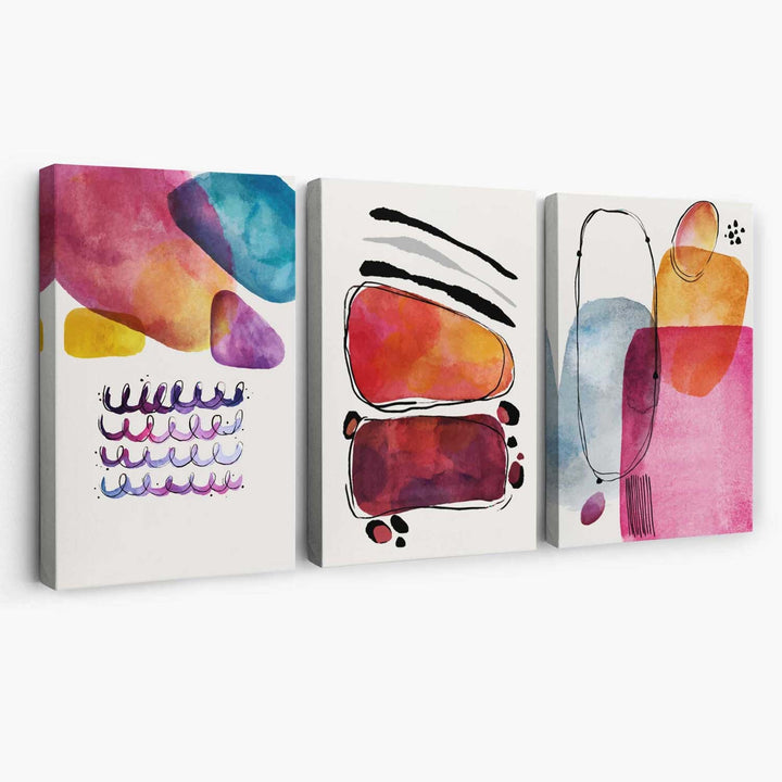 Abstract Shapes Pink Purple Set of 3 Canvas Art Prints | Bowlift