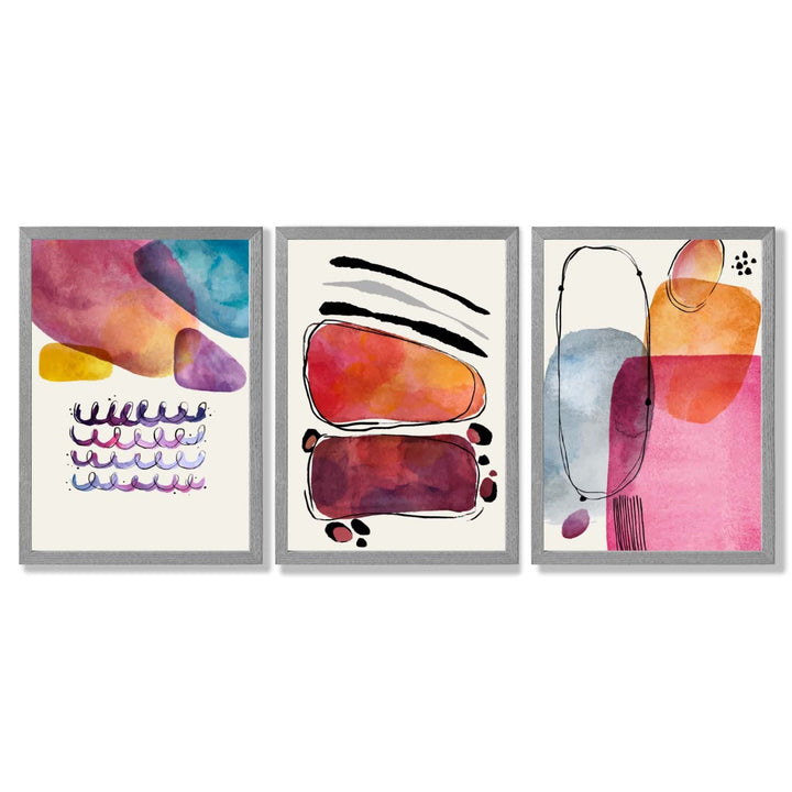 Abstract Shapes Pink Lilac Set of 3 Framed Art Prints | Bowlift