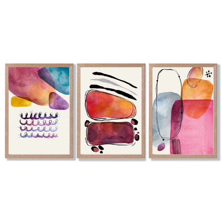 Abstract Shapes Pink Lilac Set of 3 Framed Art Prints | Bowlift